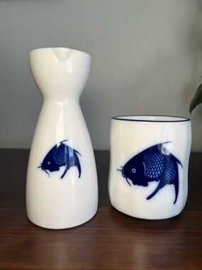 Set of Vintage White Ceramic Tea Cup and Sake bottle with Blue Koi Oriental Fish